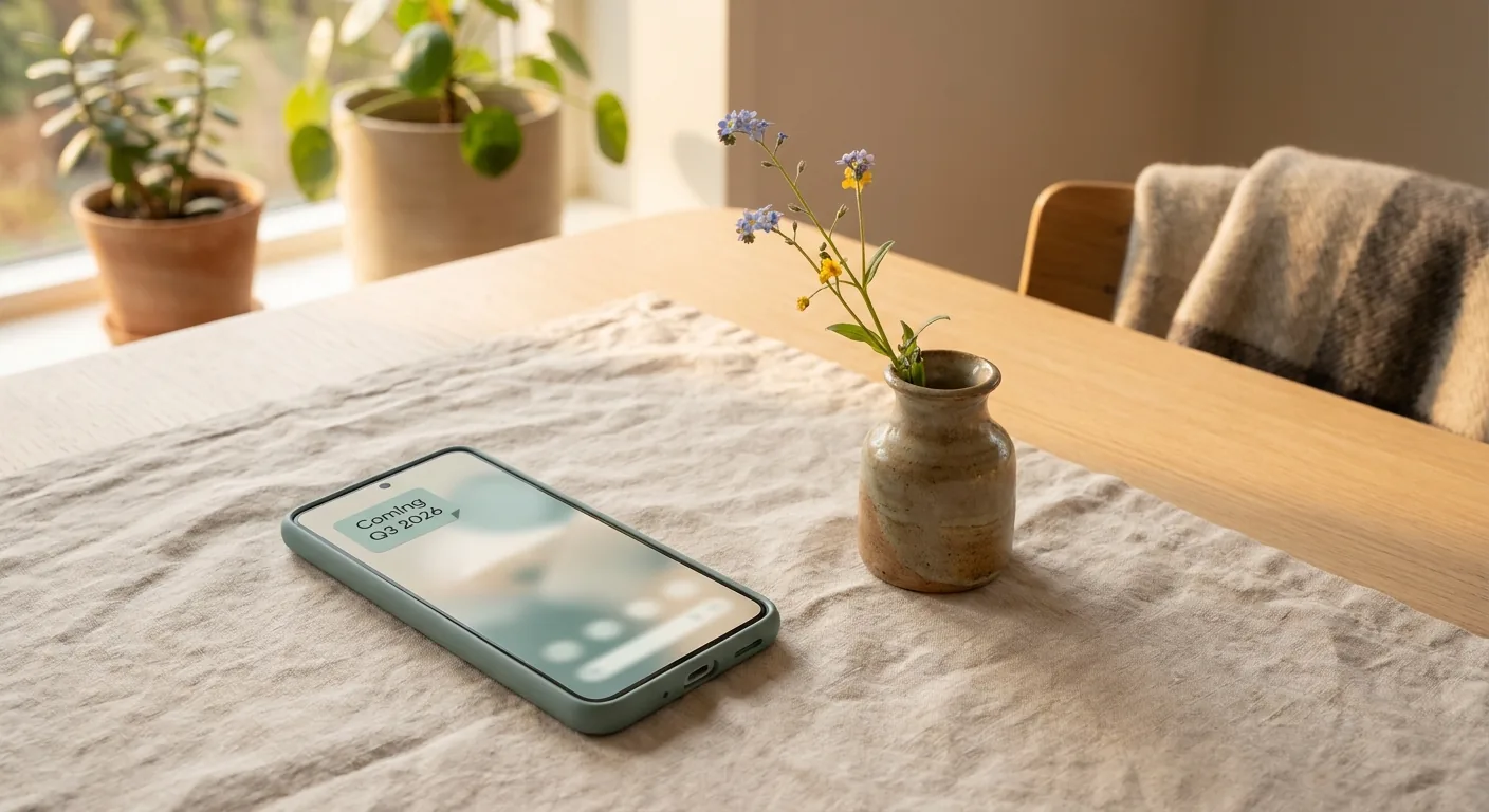 A Pixel phone face-up on a linen tablecloth beside a wildflower in a small vase. A subtle 'Coming Q3 2026' label in the corner.