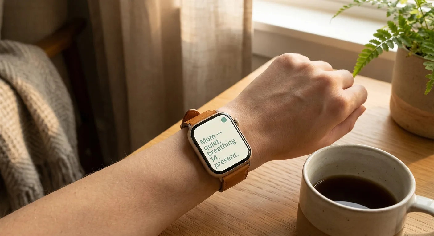 An Apple Watch on a slim wrist on a wooden table. The face shows a calm message: Mom — quiet, breathing 14, present.