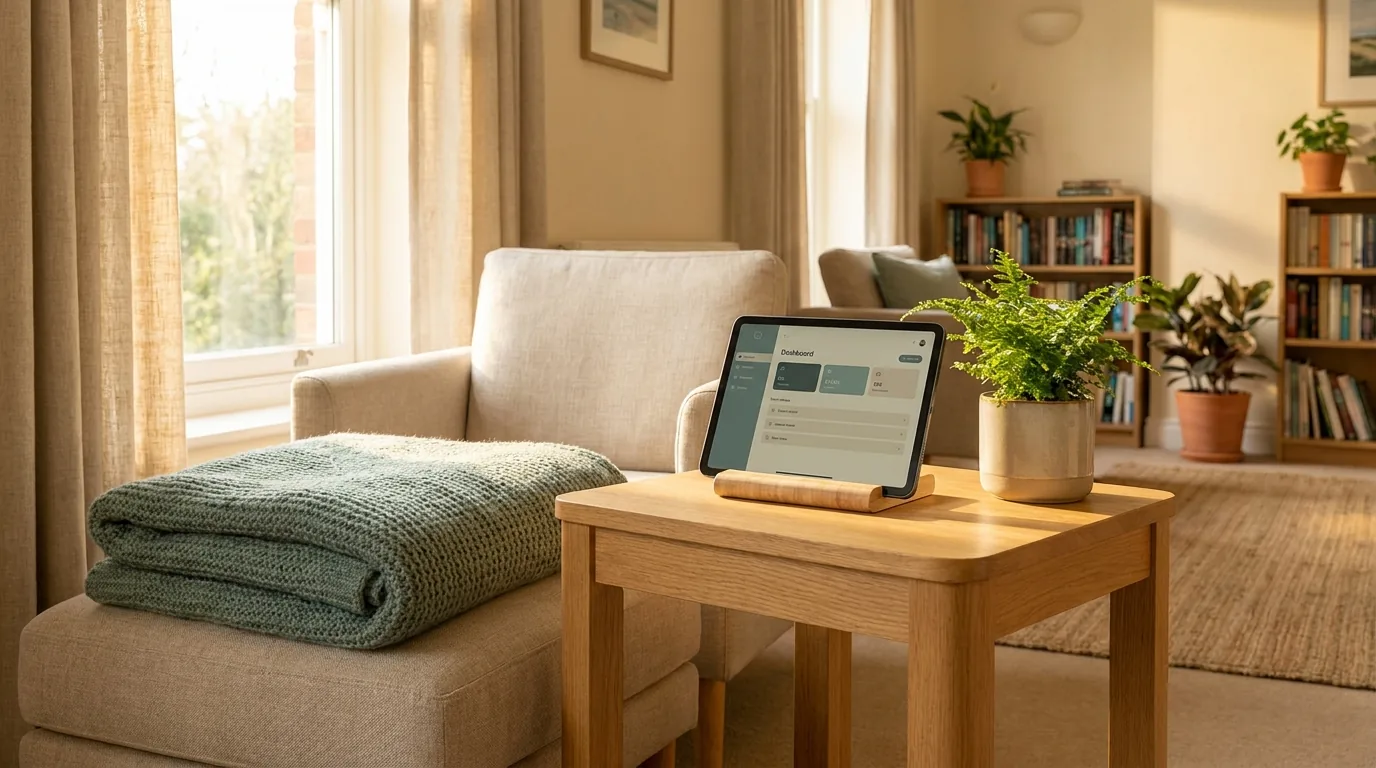 A warm common area at an assisted living community — no people visible. An iPad propped in a stand on a wooden side table shows a calm dashboard. A folded knit throw on an armchair, a houseplant, soft daylight through a tall window.