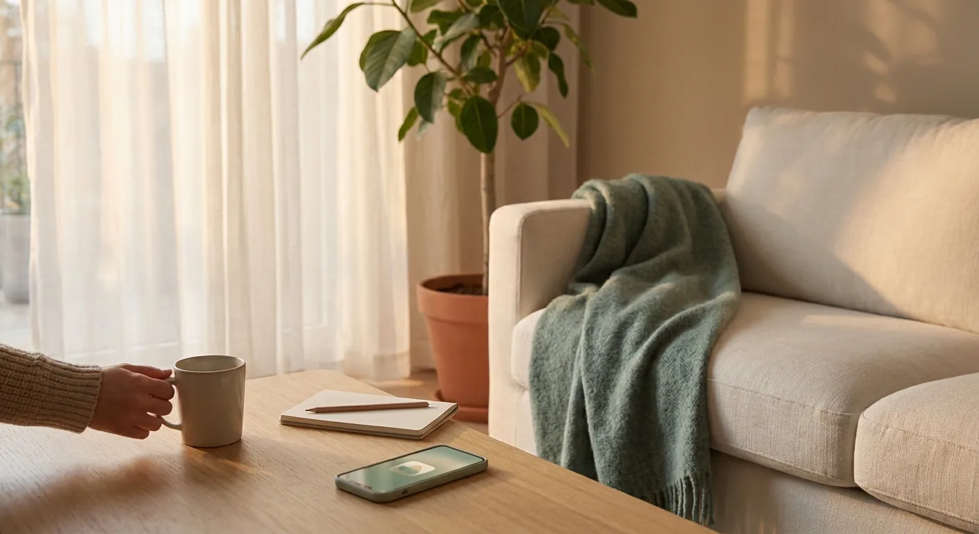 A soft-focus living room scene. An iPhone glows gently on a coffee table beside a half-empty mug; a throw blanket on a linen sofa, a houseplant, late afternoon light through gauzy curtains.