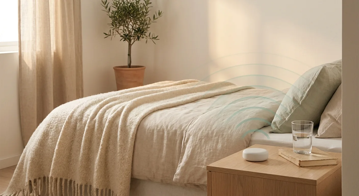 A warm bedroom at golden hour. A small white ceramic puck sits on the nightstand beside a glass of water; faint sage-teal waves radiate softly from it.