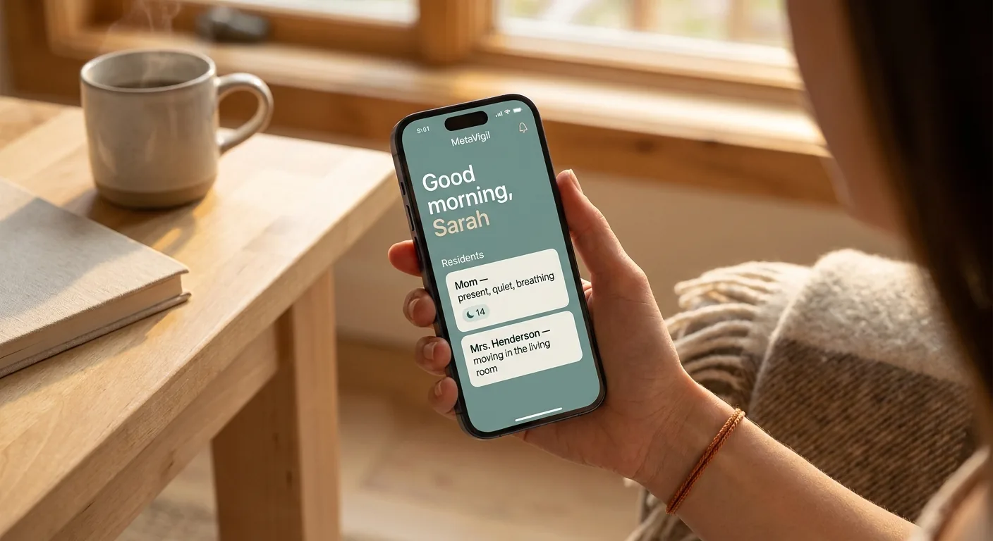 An iPhone held in a hand showing the MetaVigil caregiver dashboard — a calm sage-teal interface listing resident cards with current status.