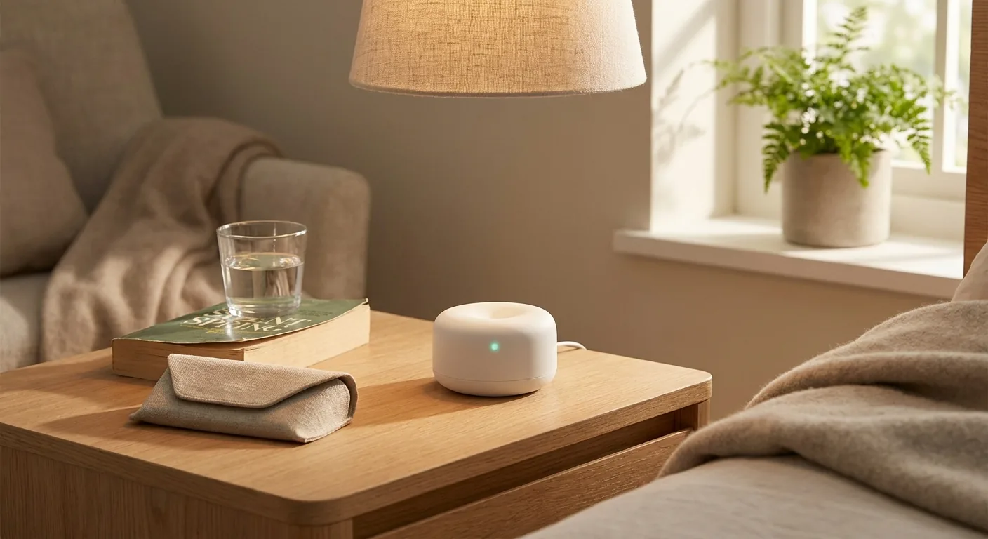 A small white ceramic puck the size of a teacup on a light oak nightstand, with a folded reading-glasses case, a paperback, and a glass of water beside it. Warm afternoon light.