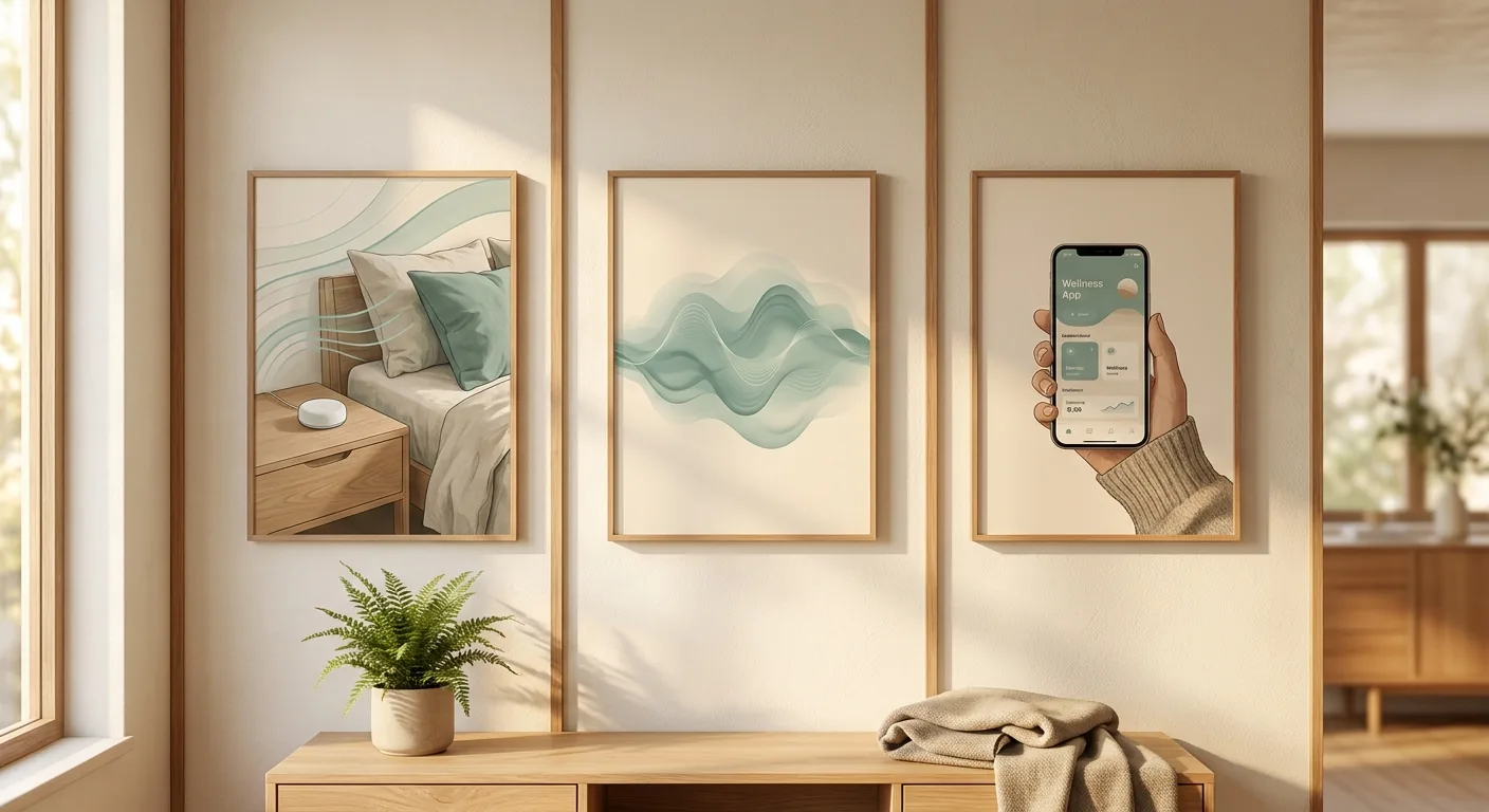 Three illustrated frames side by side: a small puck on a nightstand with soft waves, an abstract sage-teal cloud, and a hand holding an iPhone showing a calm dashboard.