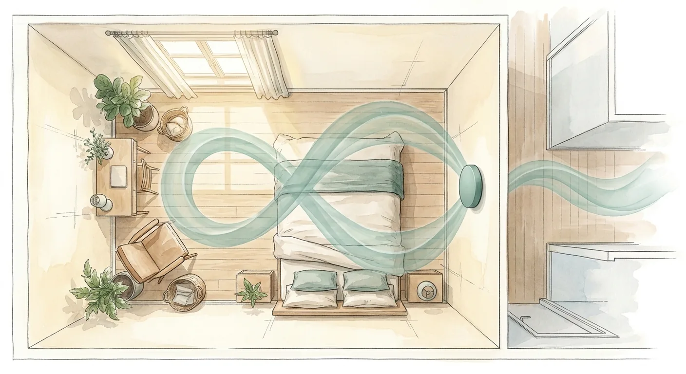 Top-down architectural cross-section of a bedroom. Soft sage-teal waveforms drift gently from a small puck on the wall, filling the room and continuing softly into the corridor. No people.